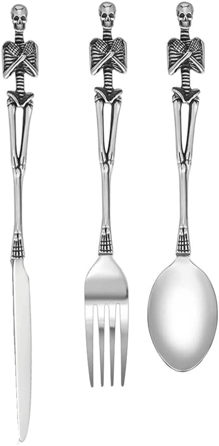 Skeleton Skull Silverware Set, Stainless Steel Spoon Fork and Knife Flatware Tableware Design Modern Look Great Gifts For Halloween Easter and Christmas (SKULL - 3 IN ONE)
