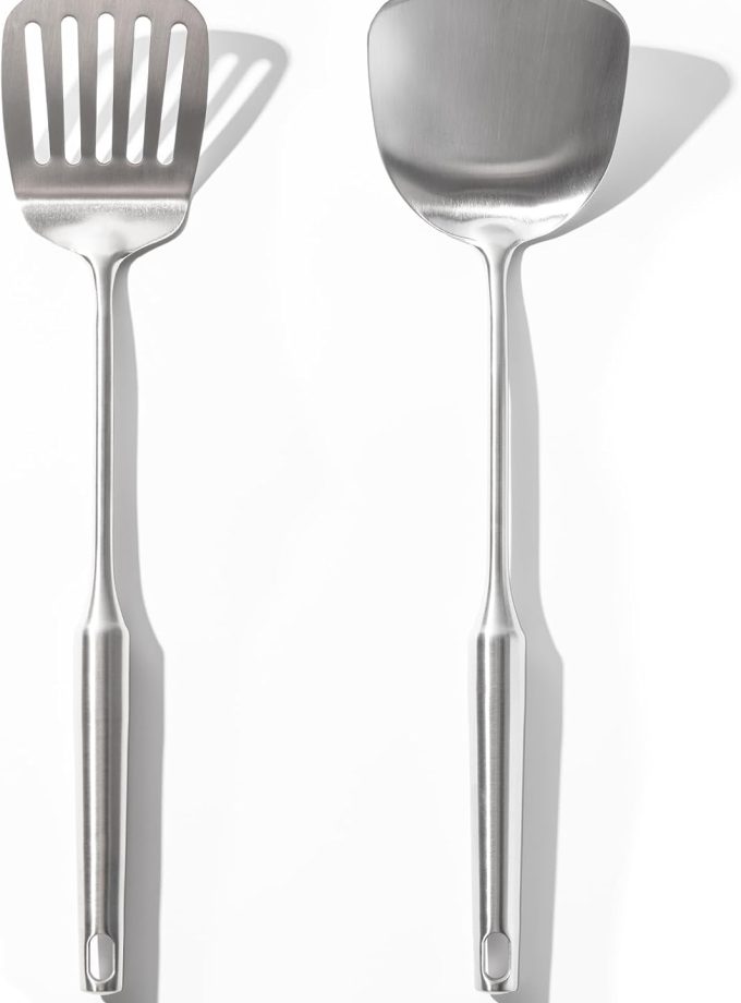 18/10 Stainless Steel Spatula Set - 15" Metal Spatulas for Kitchen Use, 1 Slotted Spatula + 1 Solid Turner, Heat Resistant Metal Cooking Utensils, Dishwasher Safe, Silver