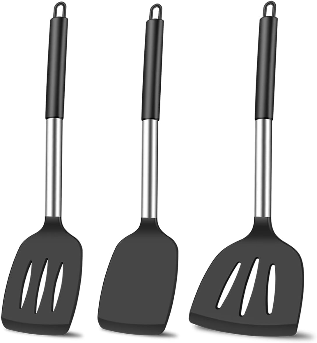 3Pcs Silicone Spatula Set Heat Resistant Spatulas for Nonstick Cookware Fish Turner Plastic Spatulas Rubber Wok Spatula, Long Large Spatula Silicone Cooking Use Kitchen Utensils Set