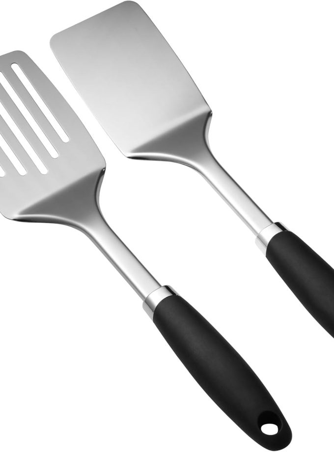 Stainless Steel Spatulas Set, 2 Pack Heavy Duty Solid & Slotted Turner, Metal Spatulas for Kitchen Use, High Heat Resistant Cooking Utensils for Fish Eggs Pancakes