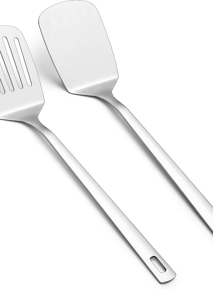 Stainless Steel Spatulas Set, Silver Slotted Turner, Solid Turner, Kitchen Spatulas for Nonstick Cookware, Dishwasher Safe, Easy to Clean