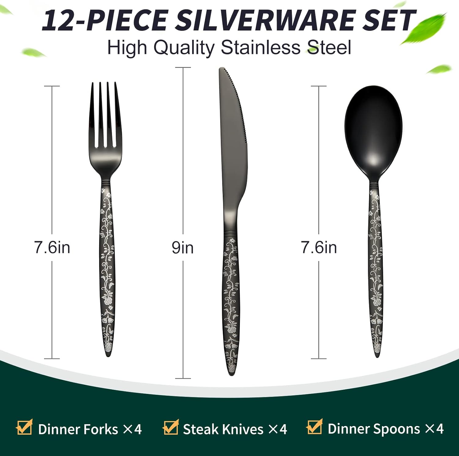 12-Piece Black Silverware Set, Flower Pattern Fancy Knife, Spoons and Forks, Stainless Steel Flatware Cutlery, Serving Utensil Set With Steak Knives, Forks and Spoons