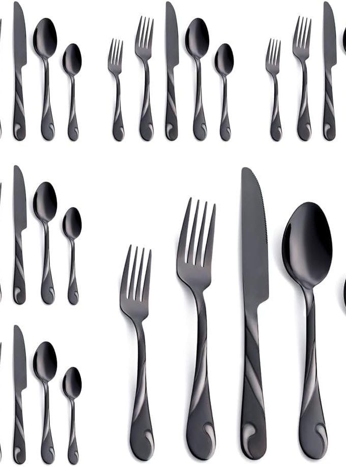 Black Silverware Set for 6, 30-Piece Stainless Steel Flatware Set, Shiny Black Metal Cutlery Set, Include Fork, Knife and Spoon Set, Dishwasher Safe