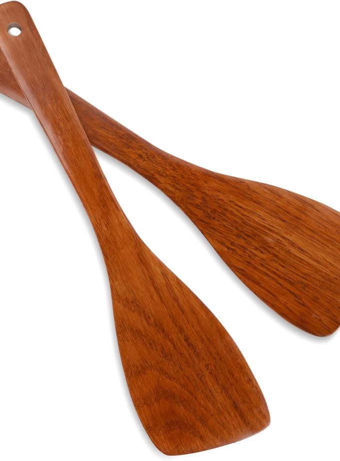 2PCS Wooden Spatula Set for Cooking - 12.8 Inches Natural Wood Spatulas for Non-stick Cookware, Flat Horn-Shaped Frying Spatulas, Long Handle Wooden Cooking Utensils