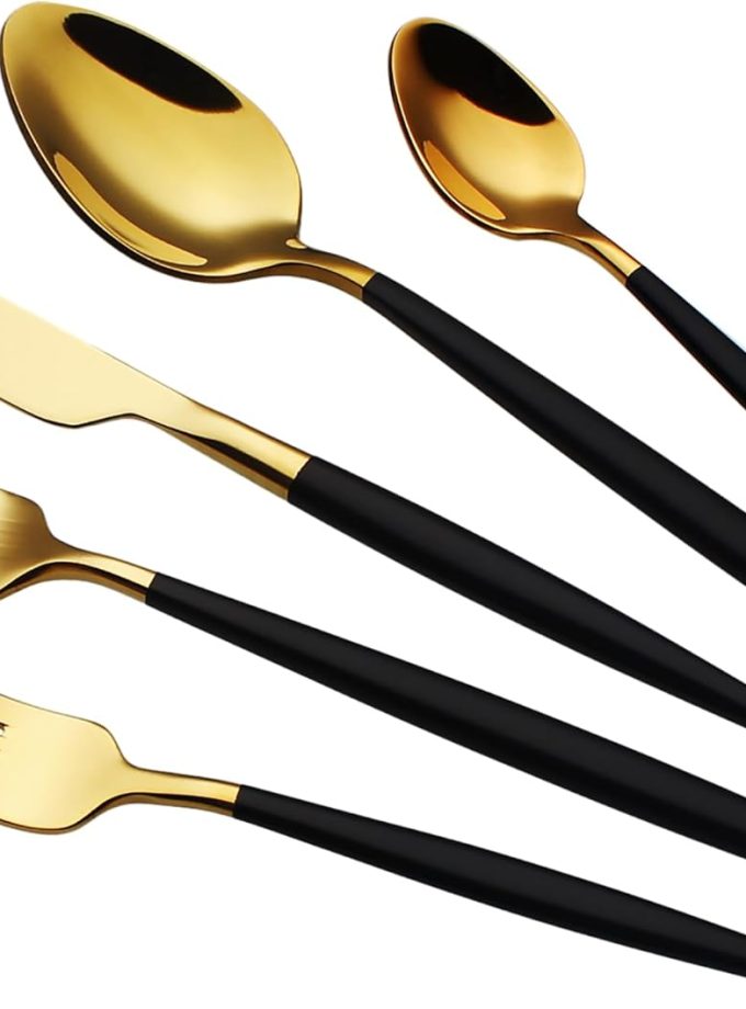 20 Piece Luxury Silverware Set for 4 Gold Top & Black Handle Mirror-Polished 18/10 Stainless Steel Heavy Flatware Set Modern Cutlery Set Knife/Fork/Spoon with Gifts for Home & Hotel