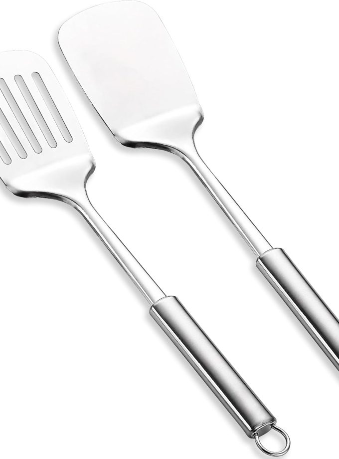 Stainless Steel Spatulas Set, Silver Slotted Turner, Solid Turner, Heavy Duty Sturdy Kitchen Spatula High Heat Resistant, Ideal Cookware for Fish,Eggs,Pancakes, Dishwasher Safe, Easy to Clean