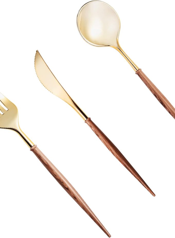 120pcs Gold Plastic Silverware, Gold Disposable Cutlery with Wood Grain Handle Include 40 Forks, 40 Spoons, 40 Knives, Elegant Disposable Silverware for Wedding, Party, Gathering, Daily Use