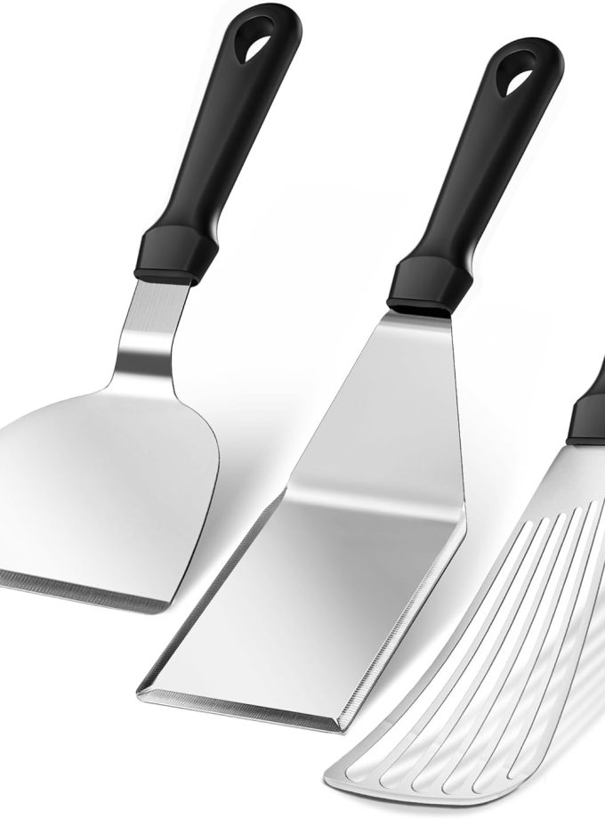 Metal Spatula Set, 18/0 Stainless Steel Spatulas & 18/8 SS Flexible Fish Spatula, Brushed Kitchen Utensil for Cast Iron Skillet, Frying Griddle Pancake Steak Meat Egg, Pack of 3