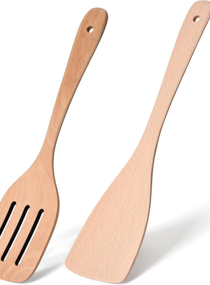 Uncoated Wooden Spatula For Cooking Utensils,Spatulas For Kitchen Use,Wooden Spoons For Cooking,Natural Set Healthy Utensil Set,Durable Flat Turner And Slotted Spatula For Nonstick Cookware（2pcs）