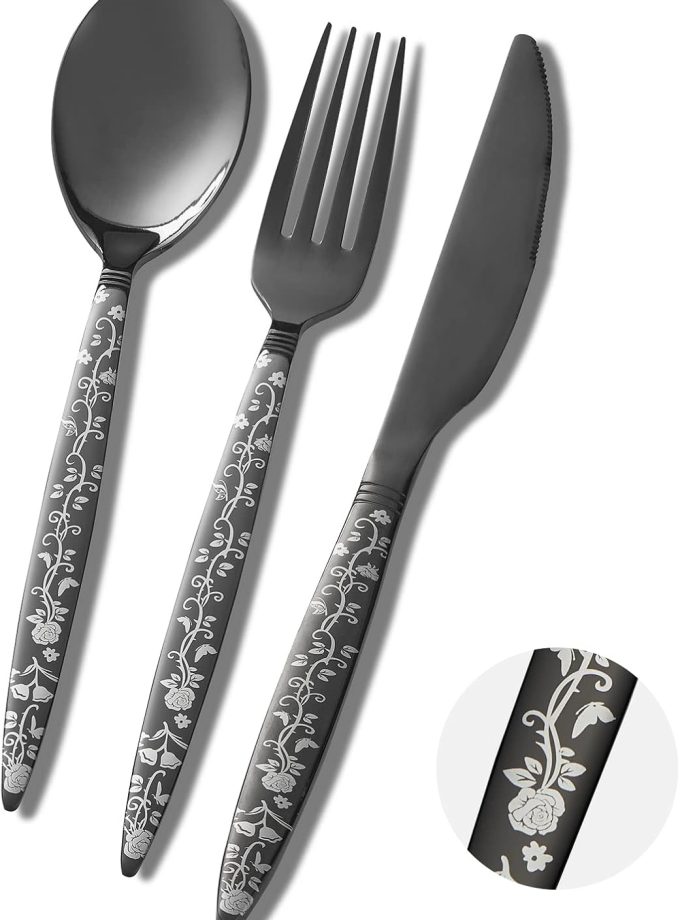 12-Piece Black Silverware Set, Flower Pattern Fancy Knife, Spoons and Forks, Stainless Steel Flatware Cutlery, Serving Utensil Set With Steak Knives, Forks and Spoons