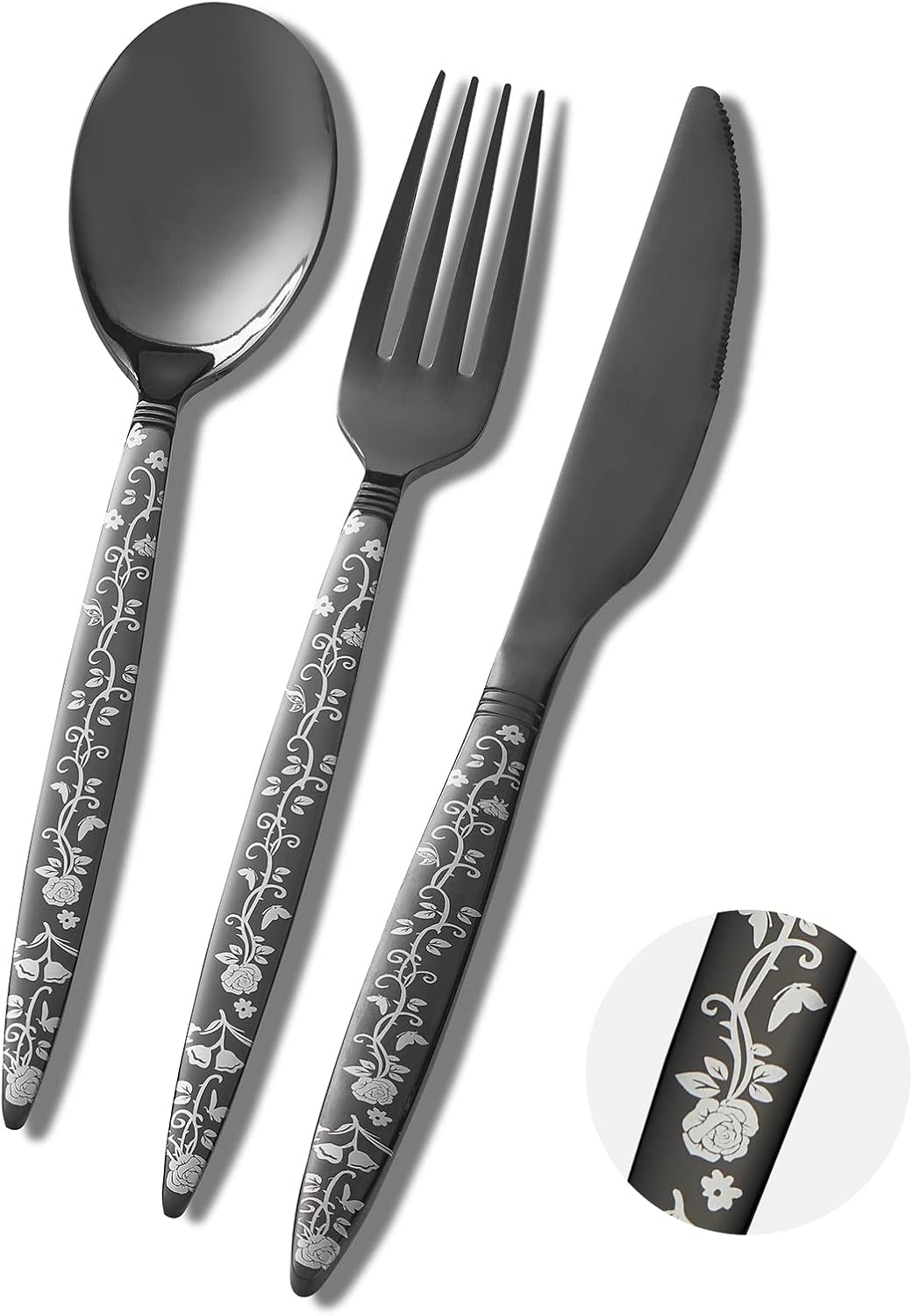 12-Piece Black Silverware Set, Flower Pattern Fancy Knife, Spoons and Forks, Stainless Steel Flatware Cutlery, Serving Utensil Set With Steak Knives, Forks and Spoons