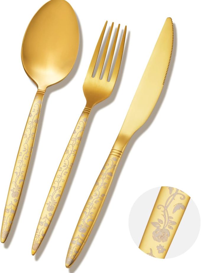 12-piece Gold Flower Pattern Fancy Silverware Set, Stainless Steel Flatware Cutlery Set, Serving Utensil Set With Steak Knives Fork Spoon Dishwasher Safe
