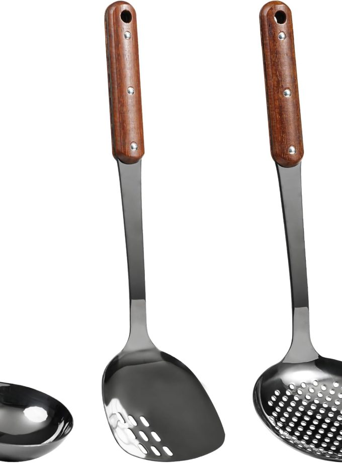 Stainless Steel Wok Spatula,Ladle,Skimmer Ladle Tool Set,Mirror Polished Cooking Utensils with Wooden Handle,Easy to Clean Wok Accessories,Black 3 PCS
