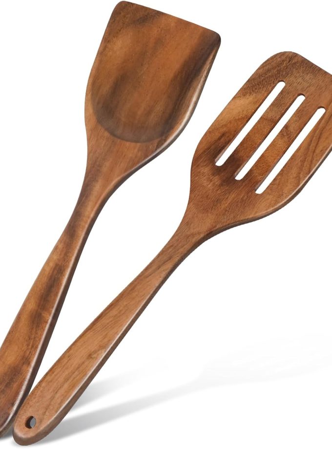 2 Pack Wooden Spatula for Cooking – Wooden Utensil Set with Long Handle, Handmade Spoons and Turner for Stir Fry, Mixing, Flipping & Serving