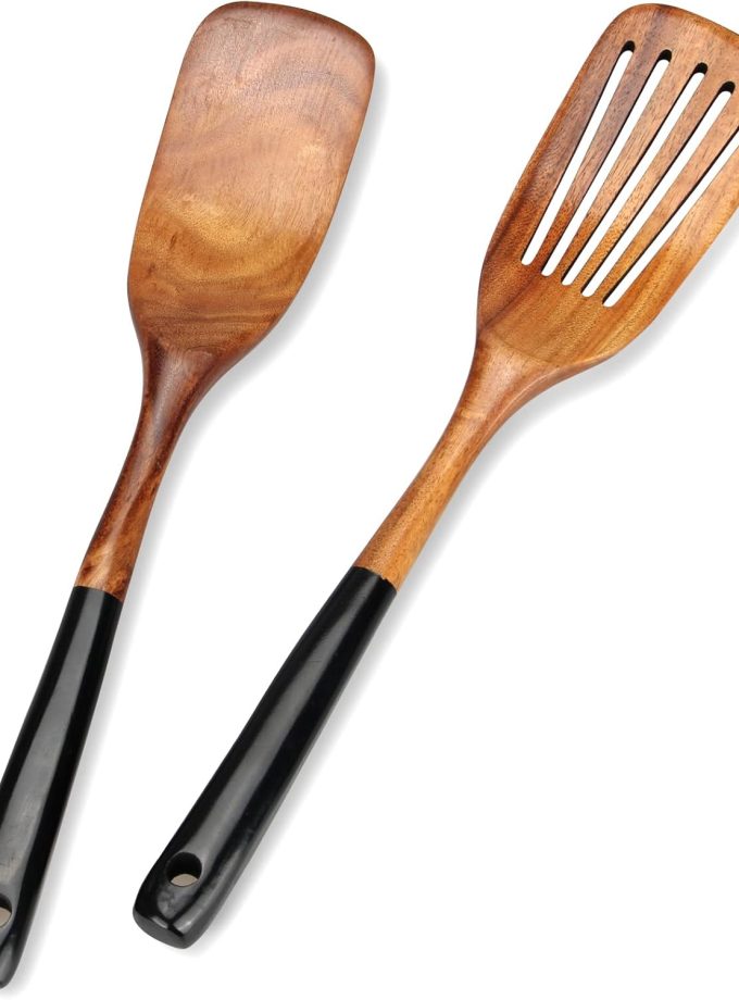 2 Pcs Wooden Spatula Set for Cooking Non Toxic Teak Kitchen Utensils Slotted Pancake Turner Flat Wood Wok Spatulas Bamboo Spoon for Cooking Utensil Set Spurtle Scraper Black Fish Egg Flipper Spatula
