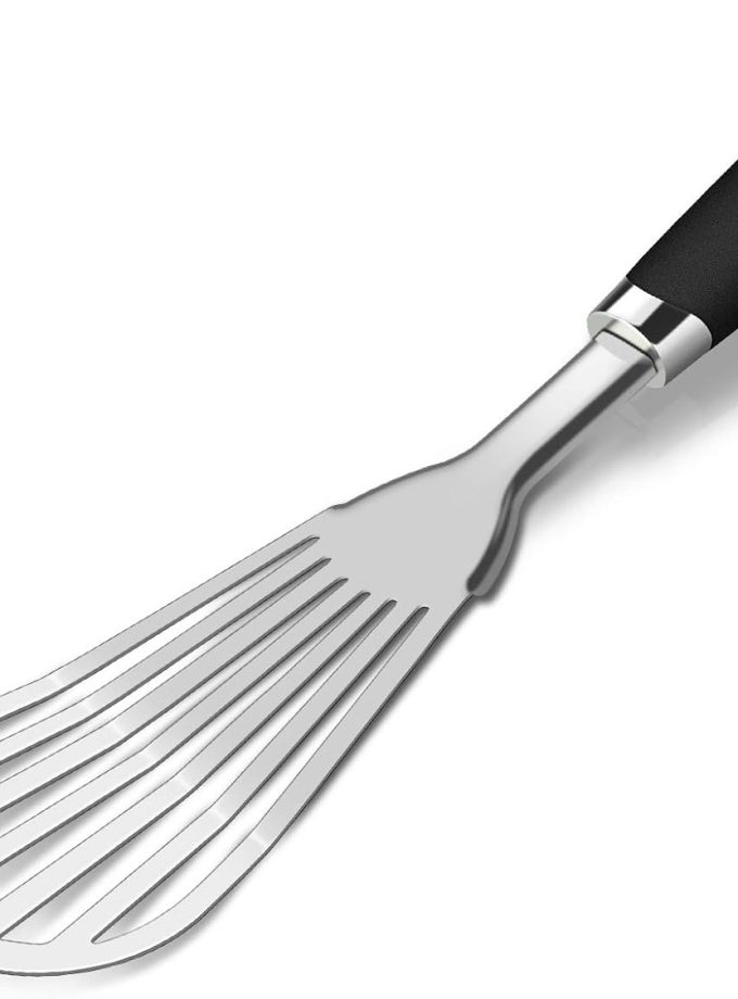 304 Stainless Steel Fish Spatula, Non-Slip Ergonomic Handle Slotted Spatula, Black