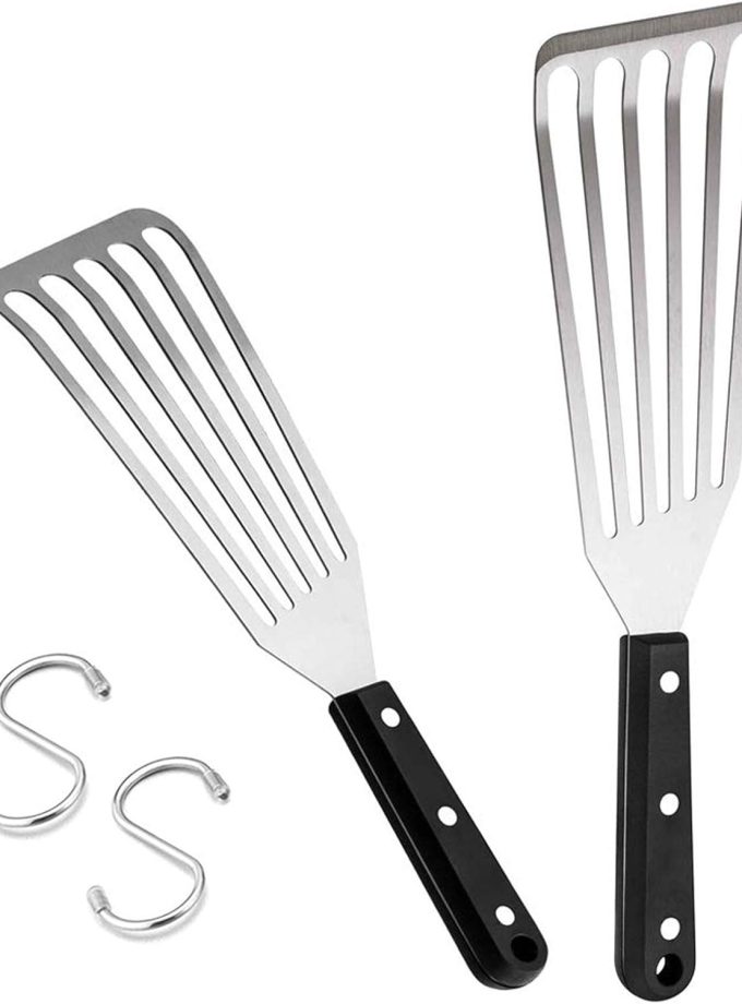 Fish Spatula 2-Piece, Stainless Steel Slotted Turner for Flipping, Turning, Frying & Grilling, Metal Slotted Spatulas Great for Kitchen Cooking, Riveted Handle & Dishwasher Safe