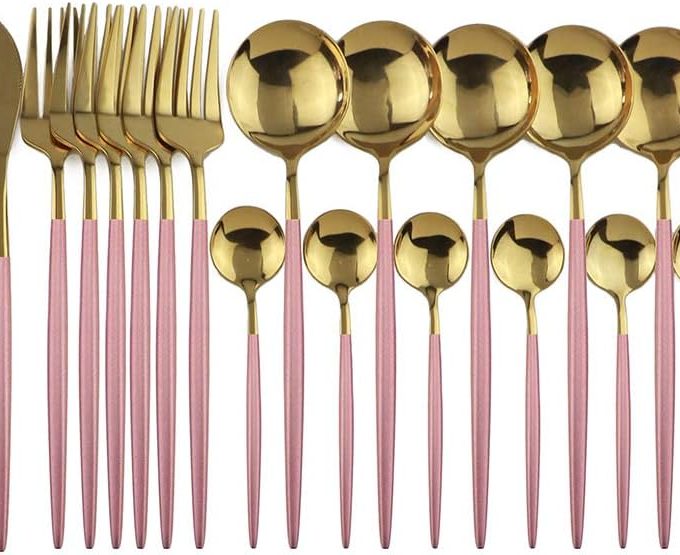24-Piece Flatware Set, 18/0 Stainless Steel Knife Fork Spoon Teaspoon Silverware Set, Service for 6, Pink Handle Gold