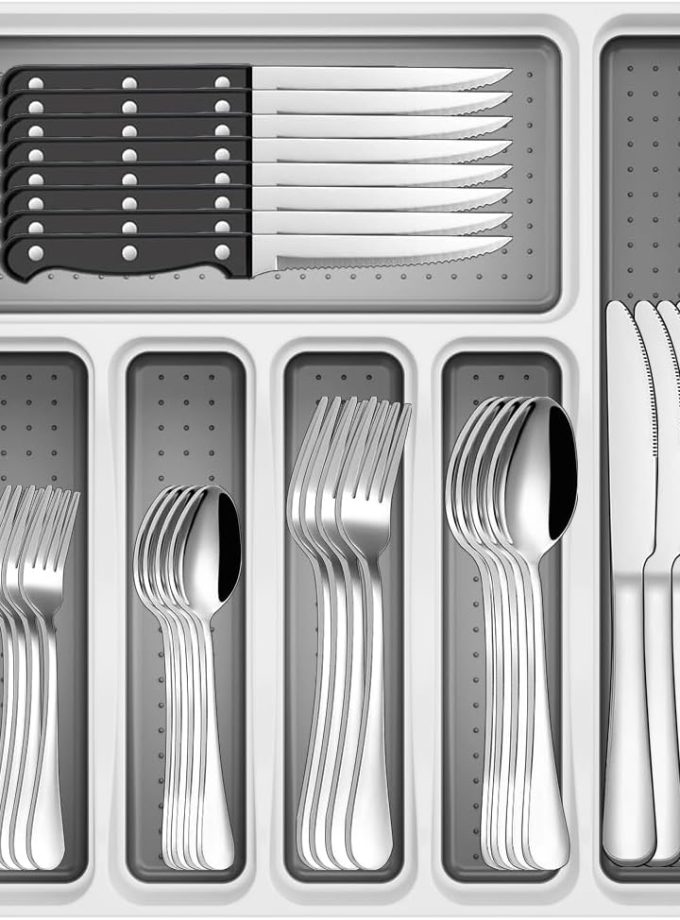 49-Piece Stainless Steel Silverware Set with Cutlery Organizer, Service for 8 with Steak Knives and Kitchen Utensils