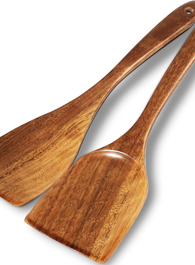 Wooden Spatulas, 2 PCs Natural Acacia Wooden Cooking Utensils Set for Non-stick Pan Kitchen Tool, flipping and Wok Spatula, Wooden Spoons & Spurtle for Cooking