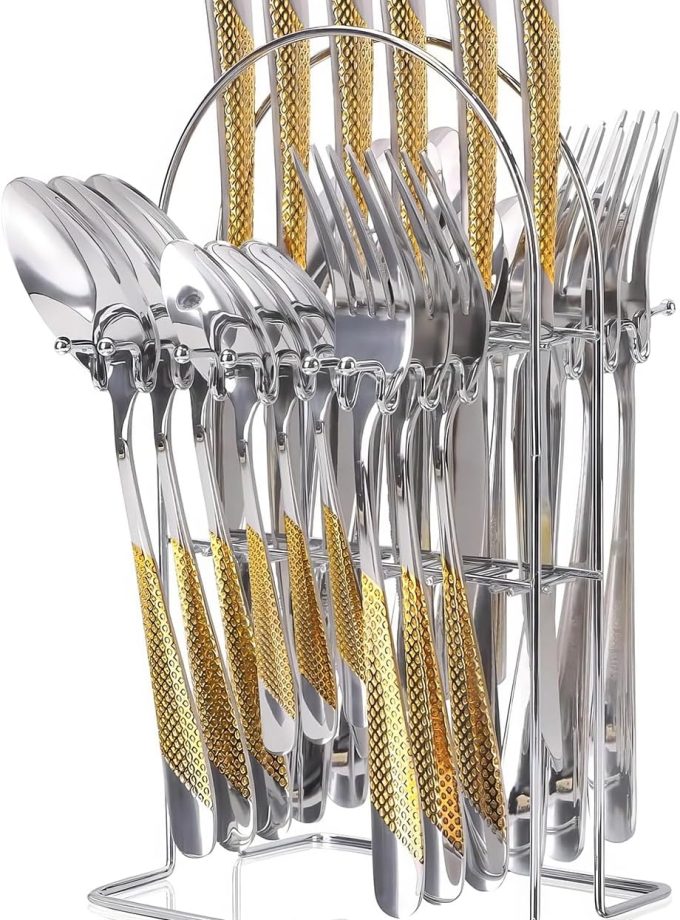 Gold Silverware Set, 24 Pieces Flatware Set with Silverware Holder, Stainless Steel Knives and Forks and Spoons Cutlery Set Service for 6, Kitchen Utensil Tableware Set with Antiskid Handle