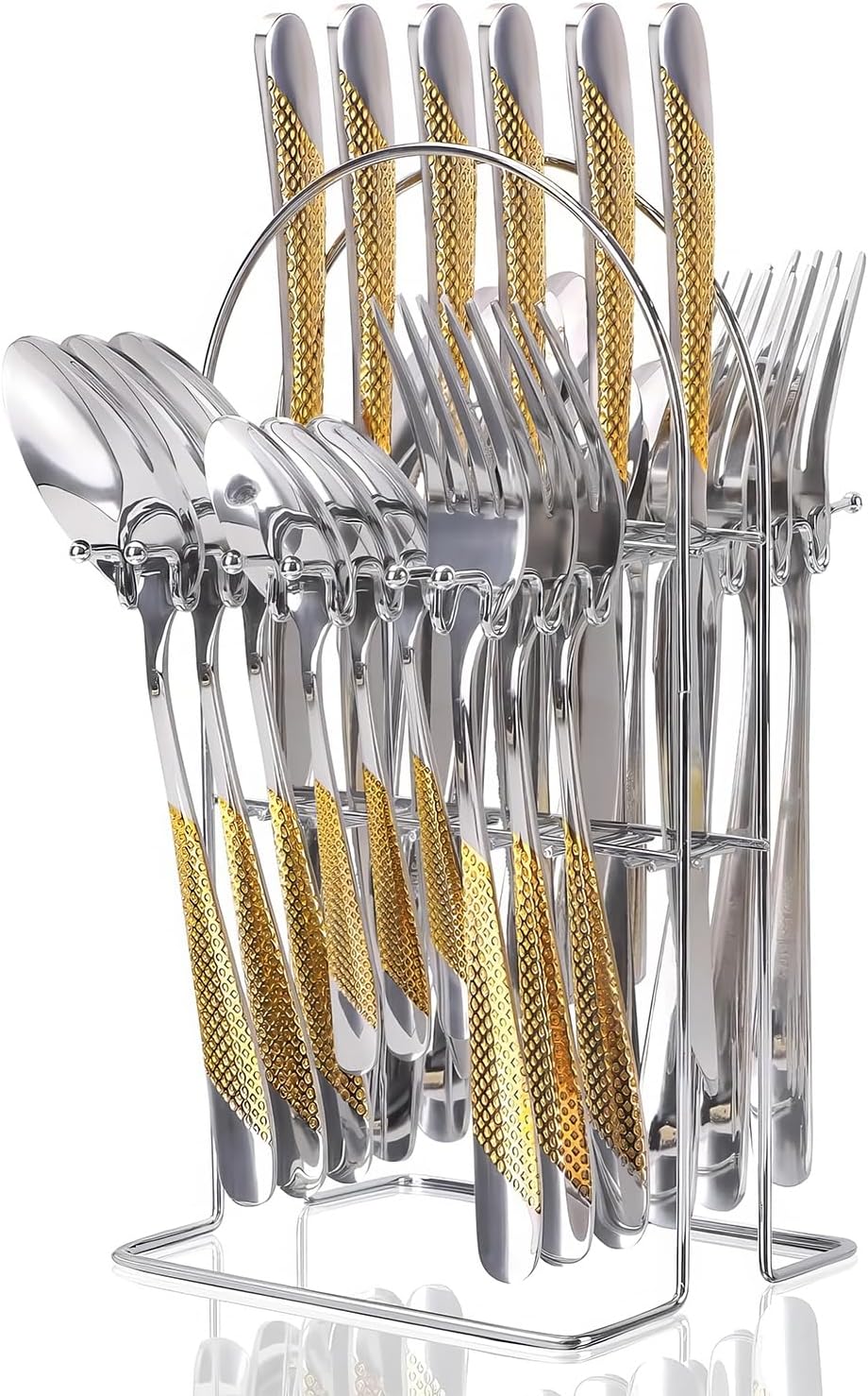 Gold Silverware Set, 24 Pieces Flatware Set with Silverware Holder, Stainless Steel Knives and Forks and Spoons Cutlery Set Service for 6, Kitchen Utensil Tableware Set with Antiskid Handle