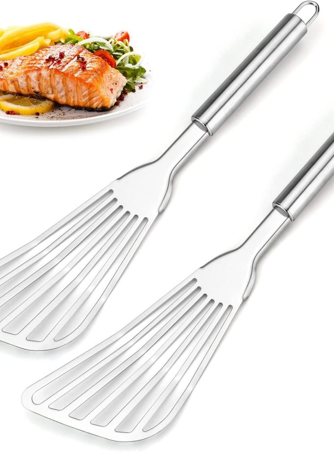 2-Piece Premium Fish Spatula Set, Big Size Stainless Steel, Thickness Blade Turner for Cooking, Flipping, Frying and Grilling