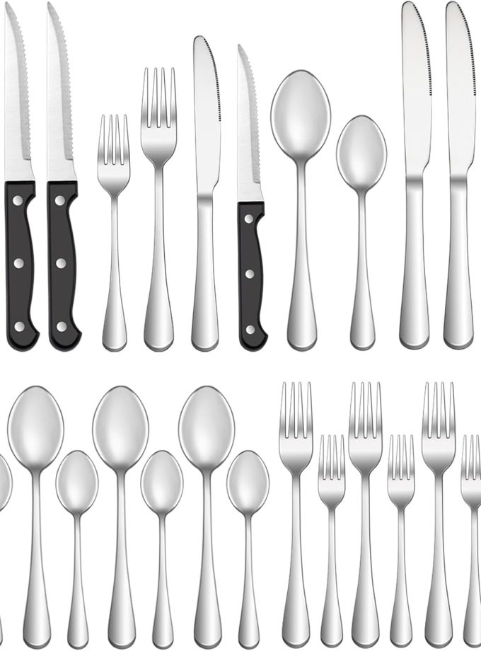 24 Pcs Silverware Set with Steak Knives Service for 4,Stainless Steel Flatware Set,Mirror Polished Cutlery Utensil Set,Home Kitchen Eating Tableware Set,Include Fork Knife Spoon Set,Dishwasher Safe