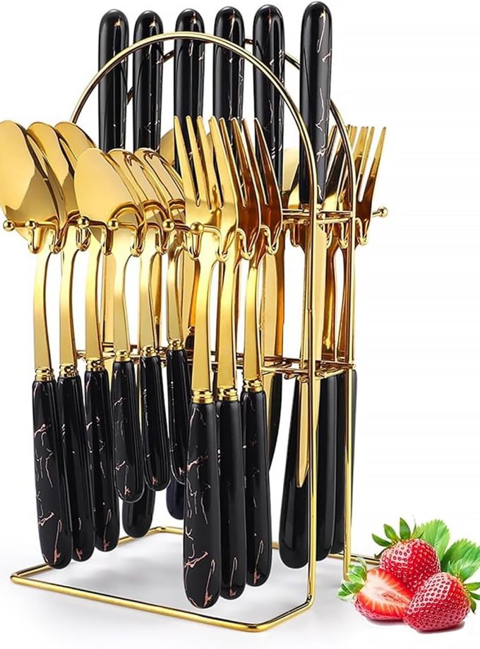 24 Piece Gold Silverware Set with Stand, Premium Stainless Steel Flatware Set Service for 6, Polished Knifes Forks and Spoons Set with Porcelain Handle, Cutlery Set for Kitchen Home Restaurant (Black)