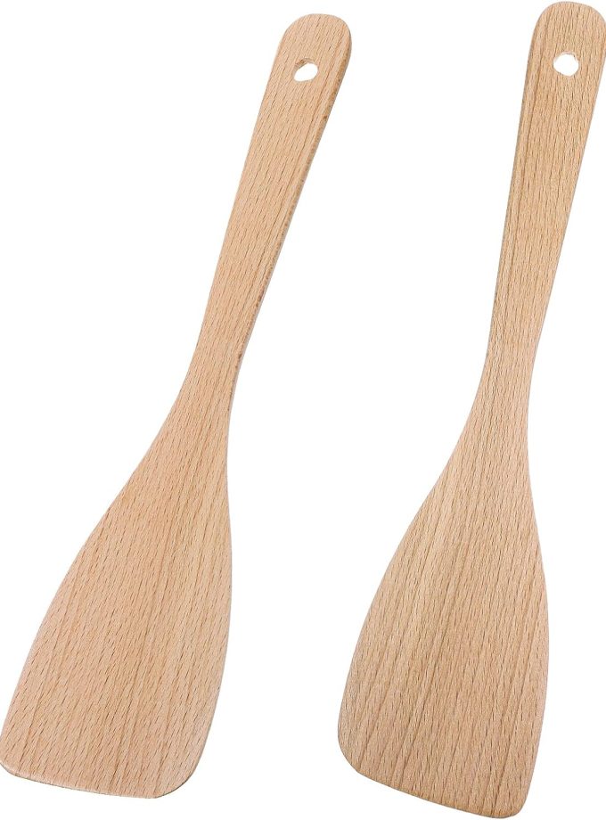 2 Pcs Wooden Spatulas for Cooking, 13 Inches Flat Beech Turner, Wooden Cooking Utensils, Long Handle Scraper, Non Scratch Wok Spatula for Kitchen Non Stick Cookware