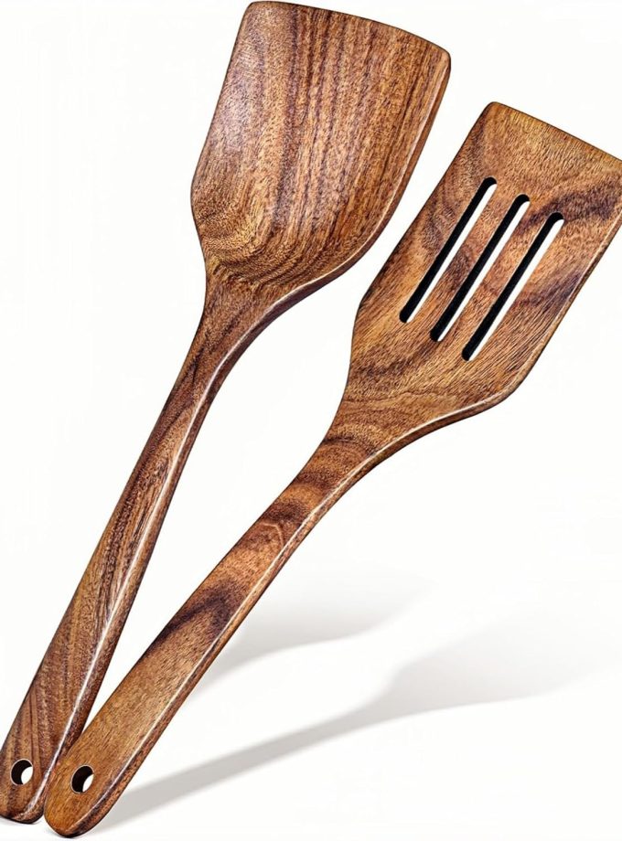 2 PCS Wooden Spatula, Kitchen Utensils Set, Acacia Wooden Long Handle Flat Frying Spatulas, Cooking Utensils Set for Cooking, Frying, Baking Non-Stick Pan Kitchen Tool