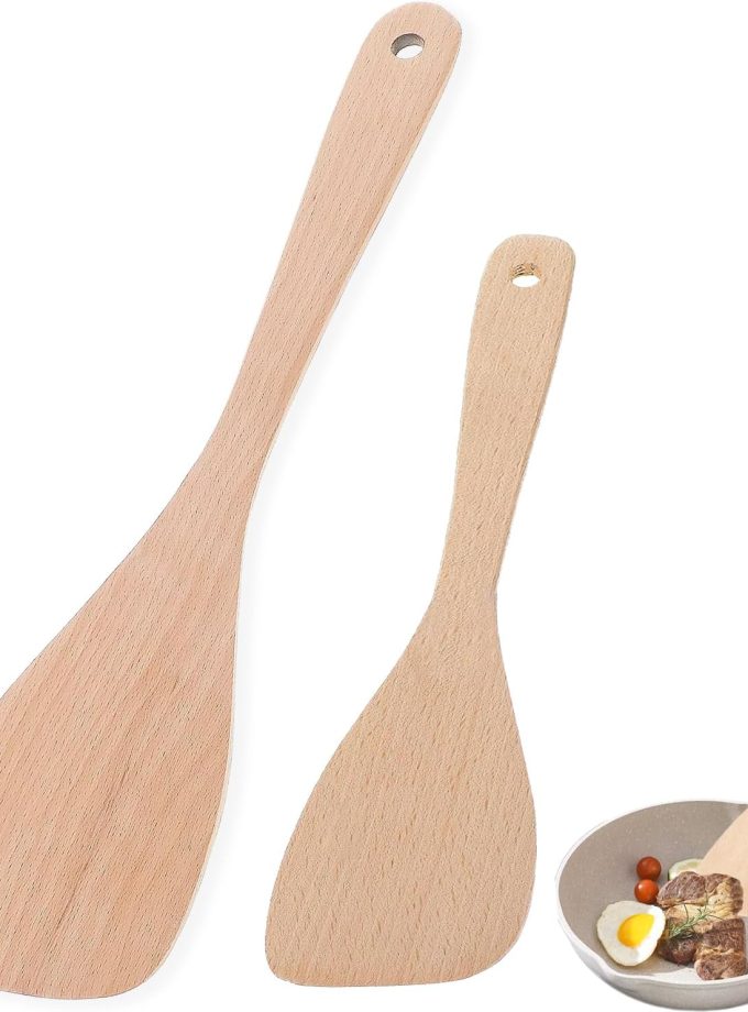 Wooden Spatula for Cooking, 13" Long Handle Flat Wood Spatulas Turner for Non Stick Cookware with 8.8’’ Uncoated Spurtle for Frying Mixing Kitchen Utensil Set 2 PCS