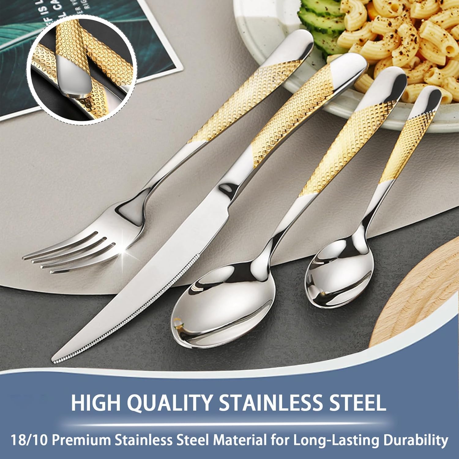 Gold Silverware Set, 24 Pieces Flatware Set with Silverware Holder, Stainless Steel Knives and Forks and Spoons Cutlery Set Service for 6, Kitchen Utensil Tableware Set with Antiskid Handle