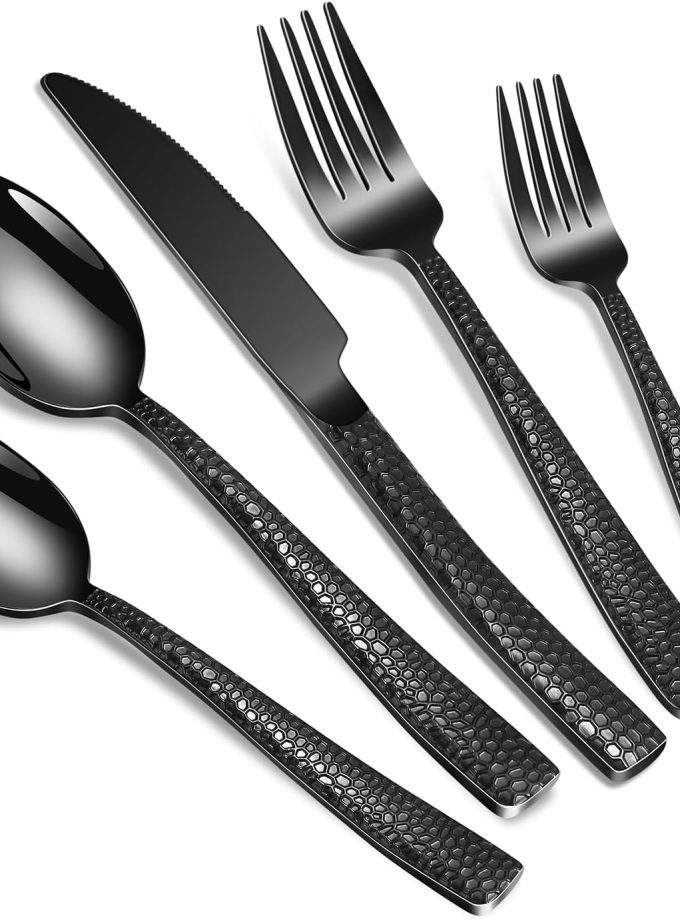 40-Piece Silverware Set, Black Hammered Stainless Steel Flatware Sets for 8, Food-Grade Tableware Set, Including Fork Knife Spoon Set, Durable Home Kitchen Cutlery Sets, Dishwasher Safe