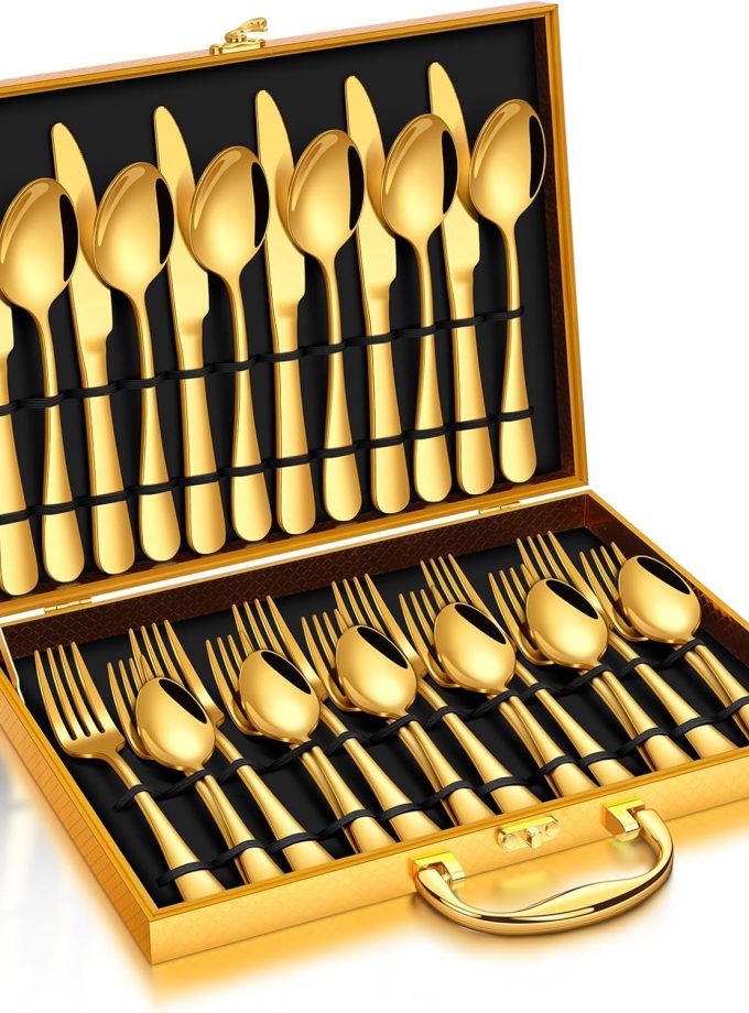 30-Piece Gold Silverware Set, Premium Stainless Steel Flatware Set for 6, Gold Utensils Cutlery Set for Home Restaurant, Include Forks Spoons and Knives Set, Mirror Polished, Dishwasher Safe