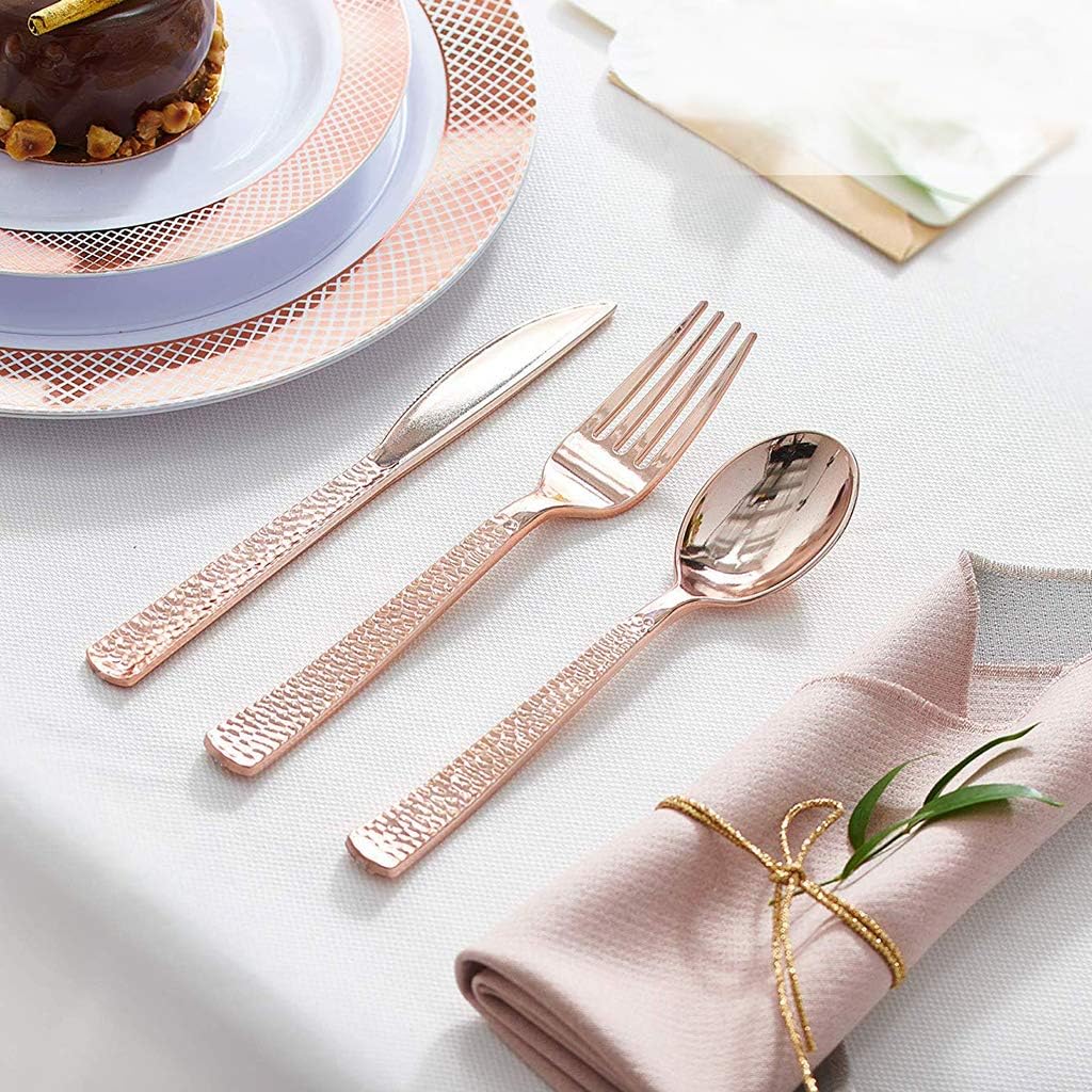 360pcs Rose Gold Plastic Silverware,Rose Gold Utensils,Heavy Weight Rose Gold Plastic Cutlery Sets Include 120 Forks,120 Spoons,120 Knives,Wedding Cutlery.
