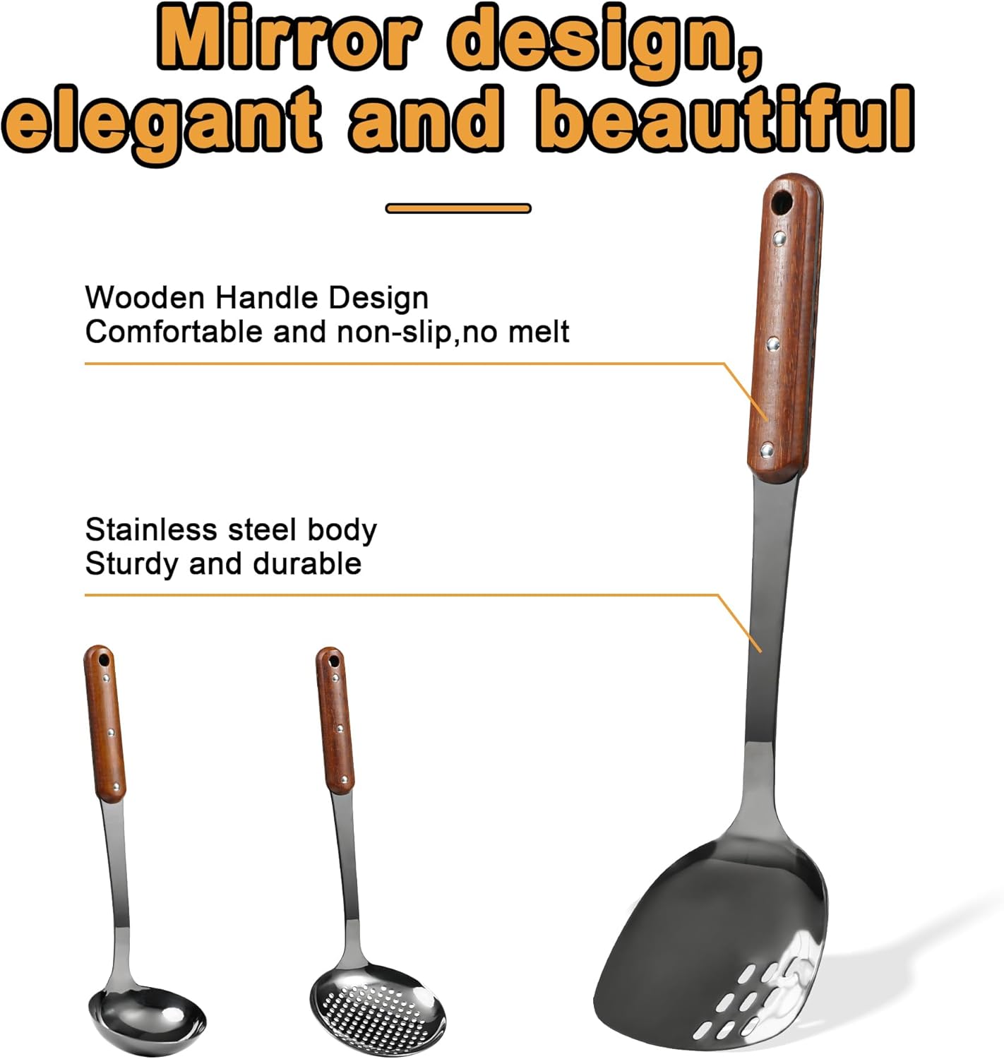 Stainless Steel Wok Spatula,Ladle,Skimmer Ladle Tool Set,Mirror Polished Cooking Utensils with Wooden Handle,Easy to Clean Wok Accessories,Black 3 PCS