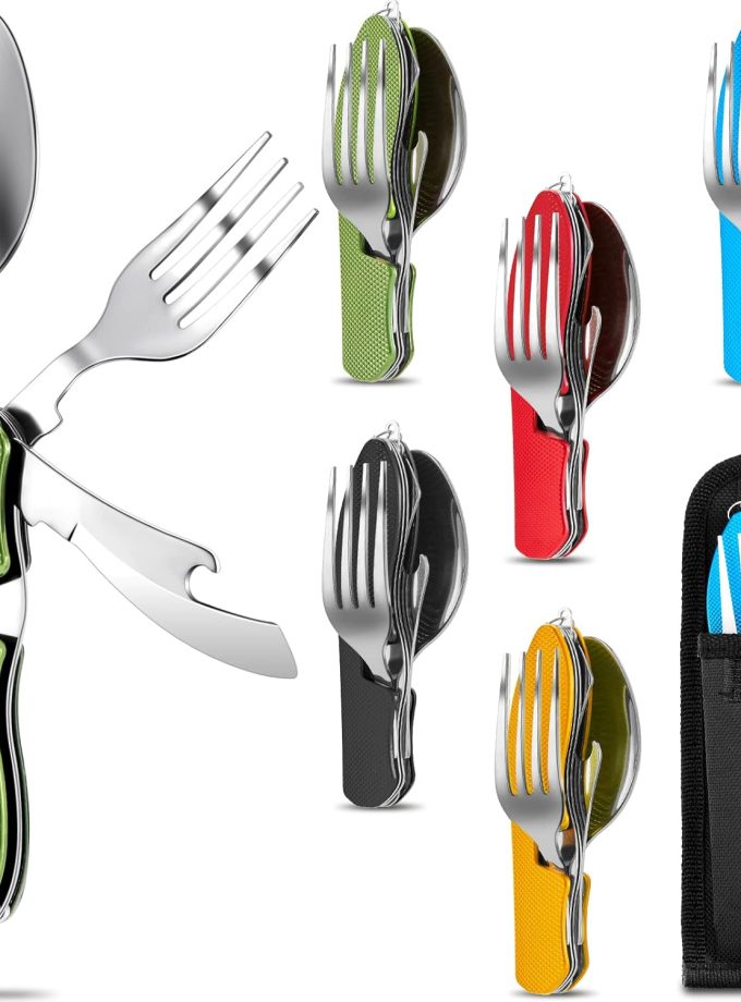 5 Pcs Folding Camping Utensils Cutlery Set 4-in-1 Stainless Steel Spoon Fork Knife Bottle Opener Set Detachable Tableware Pocket Kits Backpacking Cutlery Multitool, Red, Green, Black, Blue, Gold