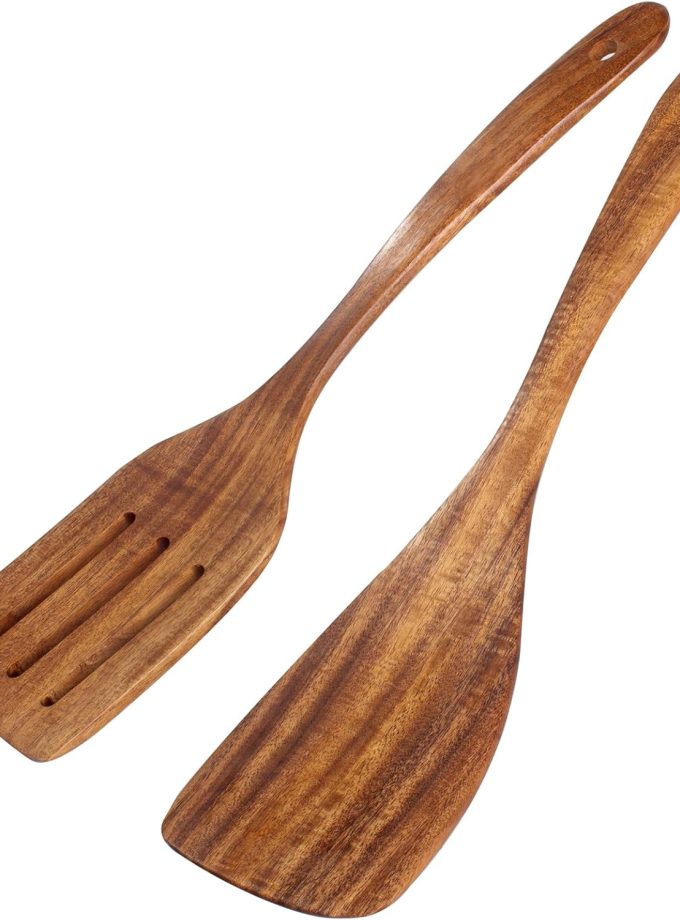 2 Pack Wooden Spatula, Acacia Wood Long Handle Flat Frying Turner, Handmade wooden spoons for cooking, Kitchen Utensil set, Non-Stick Cooking Spurtle Utensils for kitchen use