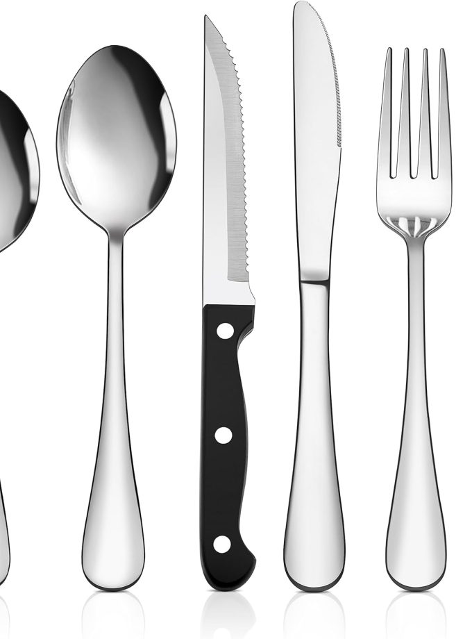 48-Piece Silverware Set with Steak Knives, Stainless Steel Flatware Set for 8, Mirror Polished Cutlery Tableware Set, Eating Utensils Include Knife Fork Spoon for Home Kitchen, Dishwasher Safe