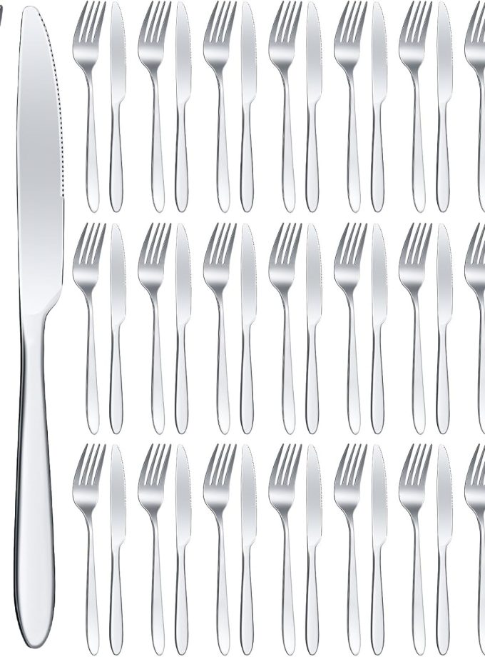 50 Pieces Stainless Steel Forks Silverware Set Dinner Forks and Knives Flatware Tableware Cutlery Set for Kitchen Restaurant(7.1 x 1 Inch, 8.4 x 0.7 Inch,Silver)