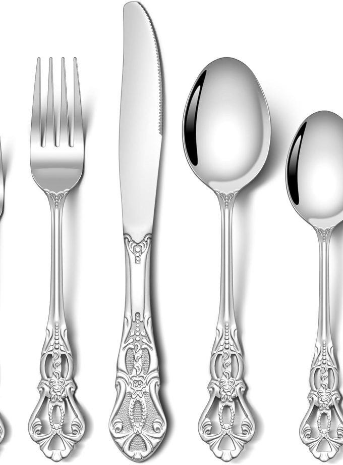 30 Pcs Gorgeous Retro Royal Silverware Set, Stainless Steel Cutlery Flatware Set for 6, Include Forks Spoons and Knives set, Dishwasher Safe Utensils Set, Mirror Polished