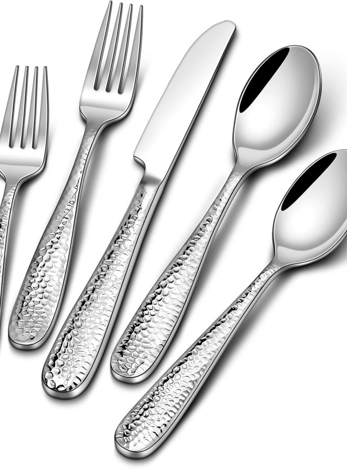 40-Piece Hammered Silverware Set, Heavy Duty Stainless Steel Flatware Set for 8, Food Grade Cutlery Utensils Set for Home Restaurant and Hotel, Mirror Polished, Dishwasher Safe