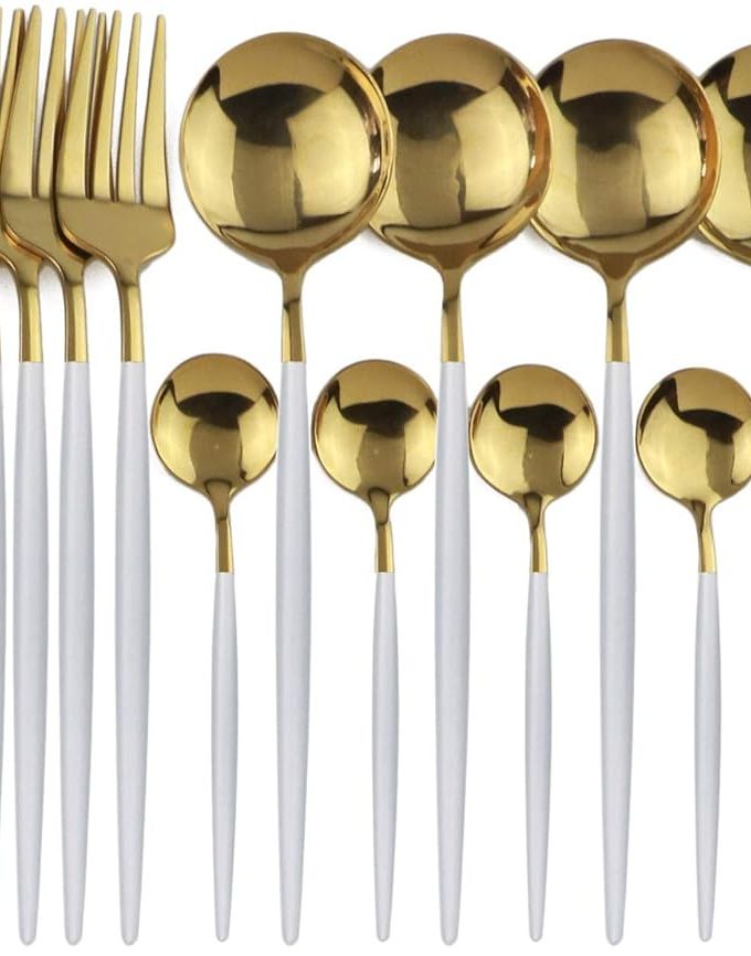 24-Piece Flatware Set, 18/0 Stainless Steel Knife Fork Spoon Teaspoon Silverware Set, Service for 6, White Handle Gold