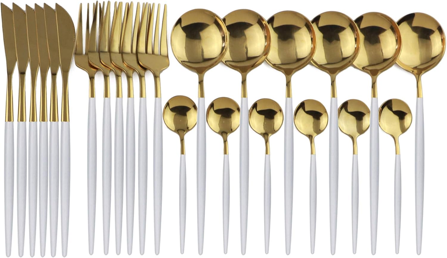 24-Piece Flatware Set, 18/0 Stainless Steel Knife Fork Spoon Teaspoon Silverware Set, Service for 6, White Handle Gold