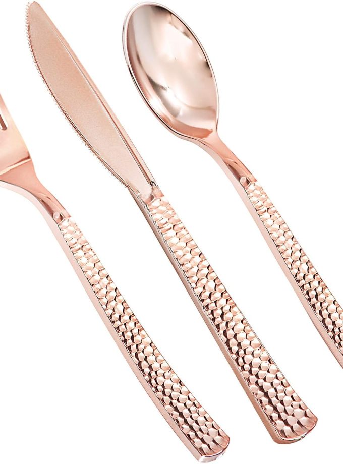 360pcs Rose Gold Plastic Silverware,Rose Gold Utensils,Heavy Weight Rose Gold Plastic Cutlery Sets Include 120 Forks,120 Spoons,120 Knives,Wedding Cutlery.