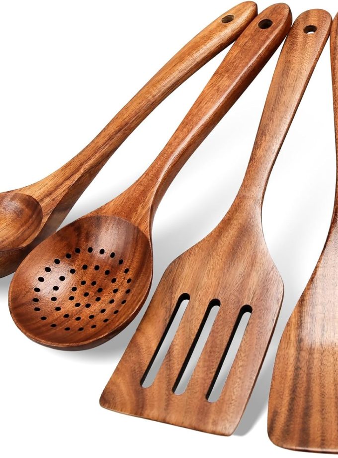Kitchen Wooden Cooking Utensil Set, Heat Resistant Teak Wooden Spoons for Cooking (4pcs with ladle)