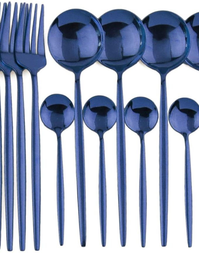 24-Piece Flatware Set, 18/0 Stainless Steel Knife Fork Spoon Teaspoon Silverware Set, Service for 6, MIrror Blue