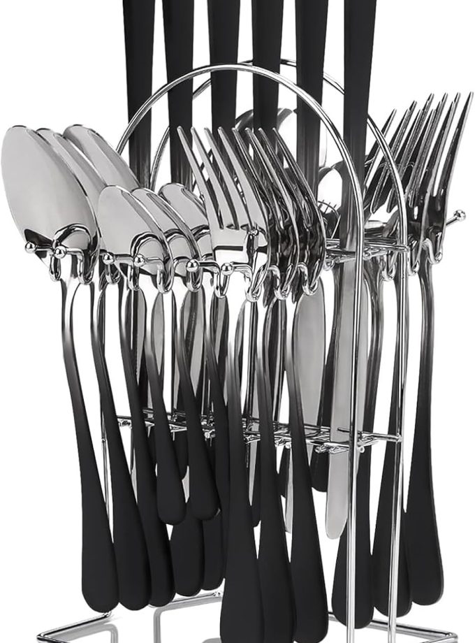 Silverware Set, 24 Pieces Flatware Set with Hanging Stand, Stainless Steel Tableware Set Includes Dinner Knives Forks Spoons, Gradient Colour Cutlery Set for Home Kitchen Restaurant (Black)
