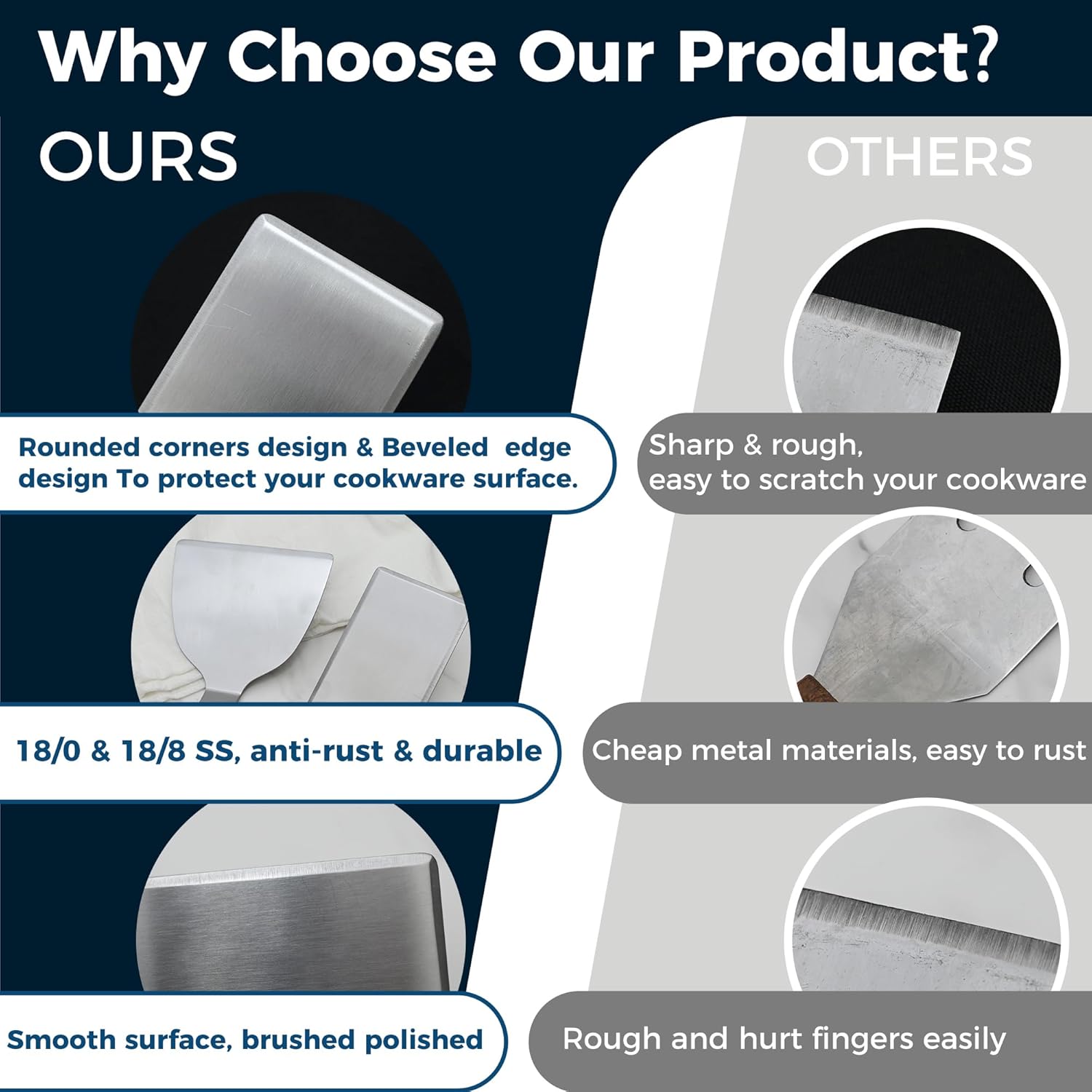 Metal Spatula Set, 18/0 Stainless Steel Spatulas & 18/8 SS Flexible Fish Spatula, Brushed Kitchen Utensil for Cast Iron Skillet, Frying Griddle Pancake Steak Meat Egg, Pack of 3